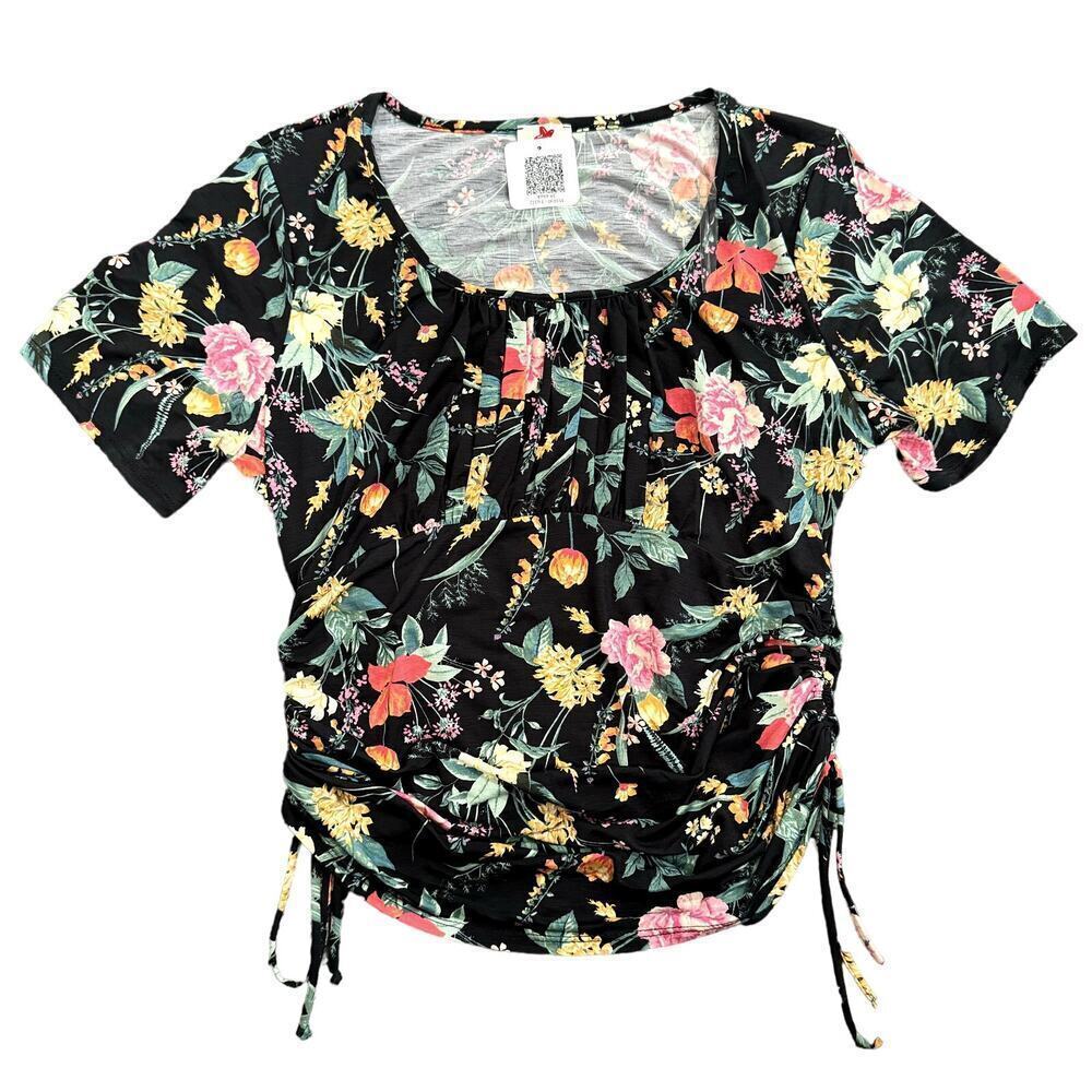 Blue Leopard Ruched Fitted Floral Blouse in Black, Size 3X​​​​